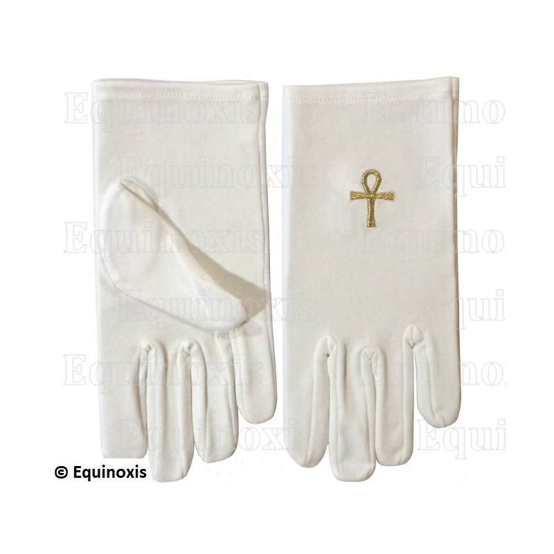Guanti massonici ricamati in cotone – Croce egizia ankh – Misura XXXL