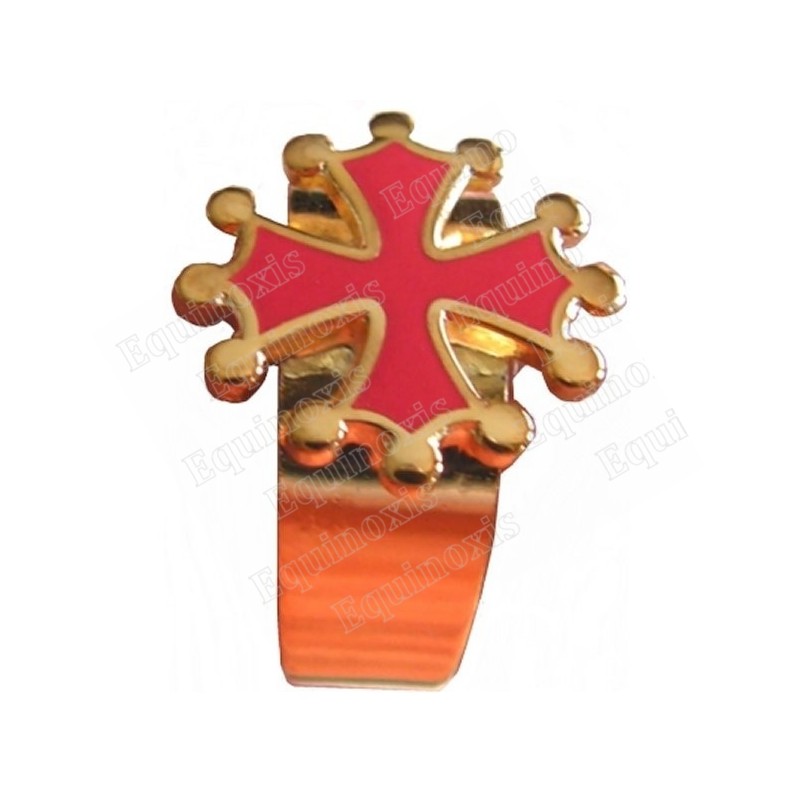 Anello occitano – Croce occitana smaltata rossa – Metallo dorato