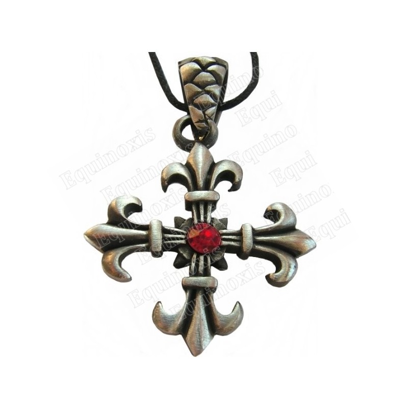 Ciondolo croce – Croce con punte fiore di giglio – Gemma rossa